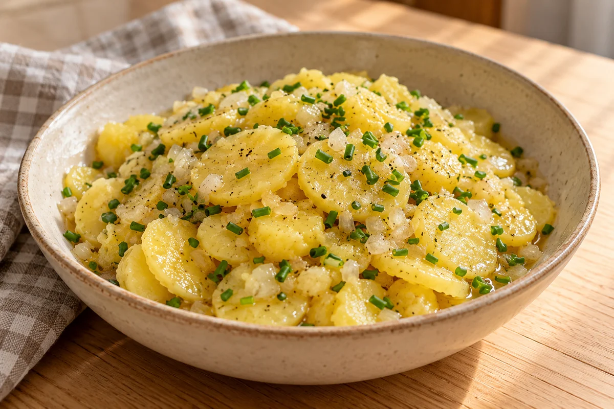 Schwäbischer Kartoffelsalat mit Brühe und Senf ·