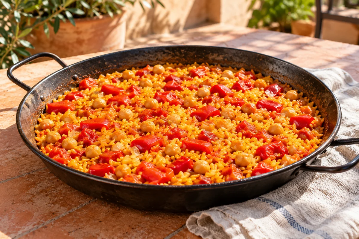 Spanischer Ofenreis mit Kichererbsen und Paprika ·