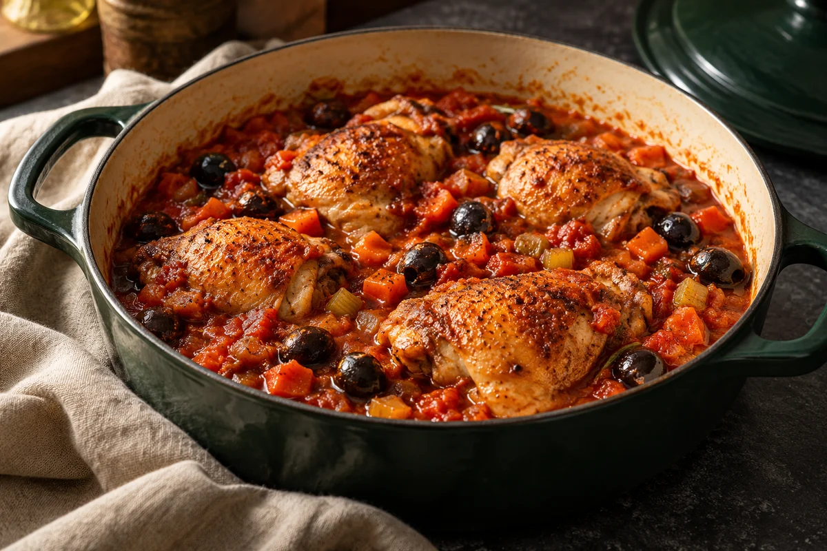 Pollo alla cacciatora mit Tomaten und Oliven ·