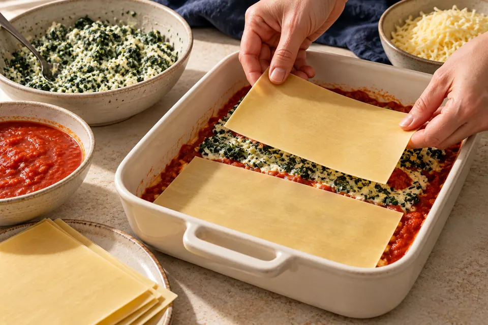 Spinat-Ricotta-Lasagne: Schichten (KI-Illustration)