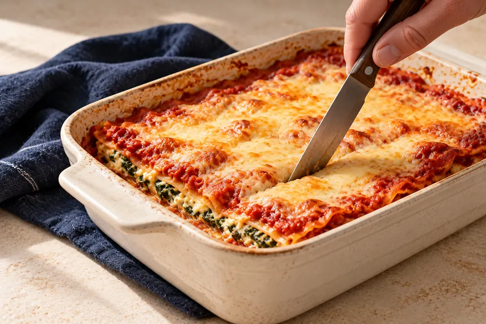 Spinat-Ricotta-Lasagne: Garprobe (KI-Illustration)