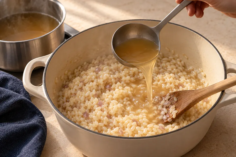 Pilzrisotto: Brühe portionsweise (KI-Illustration)