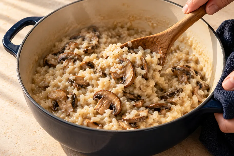 Pilzrisotto: cremige Welle (KI-Illustration)
