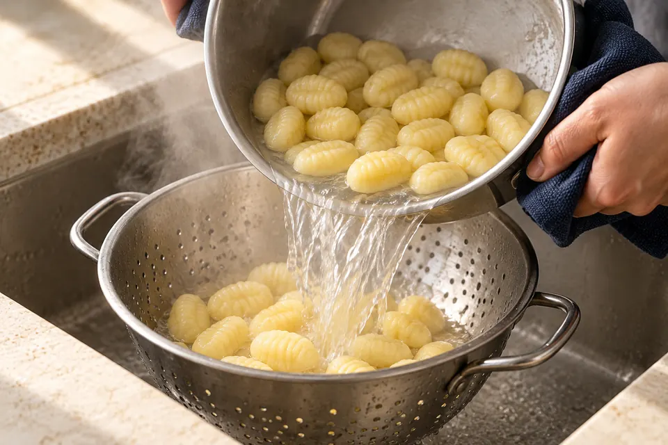 Gnocchi mit Salbeibutter: Gnocchi abgießen (KI-Illustration)