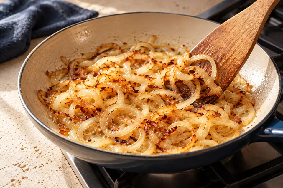 Käsespätzle mit Röstzwiebeln: Zwiebelringe bräunen (KI-Illustration)