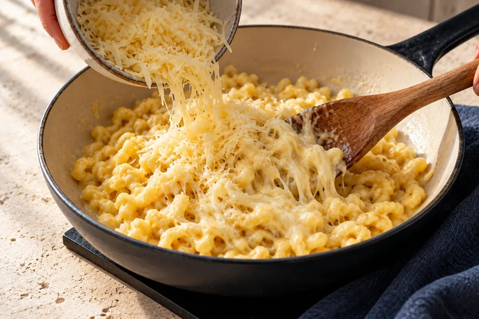 Käsespätzle mit Röstzwiebeln: Käse schmelzen (KI-Illustration)