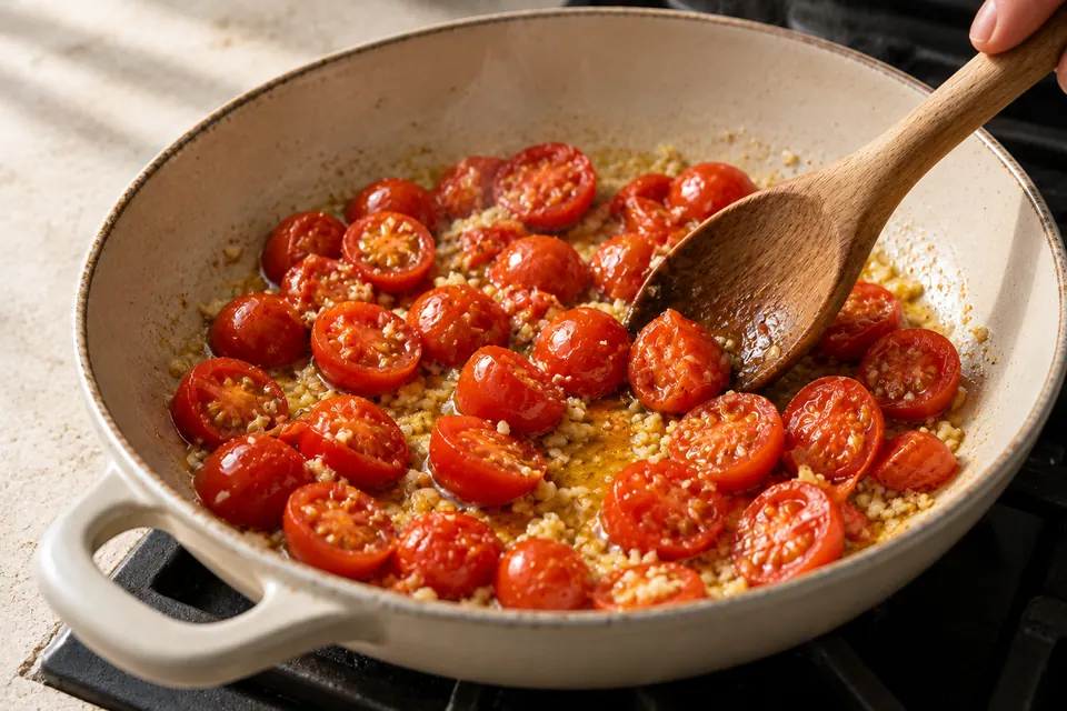 Kichererbsen-Spinat-Pfanne mit Feta: Tomaten anbraten (KI-Illustration)