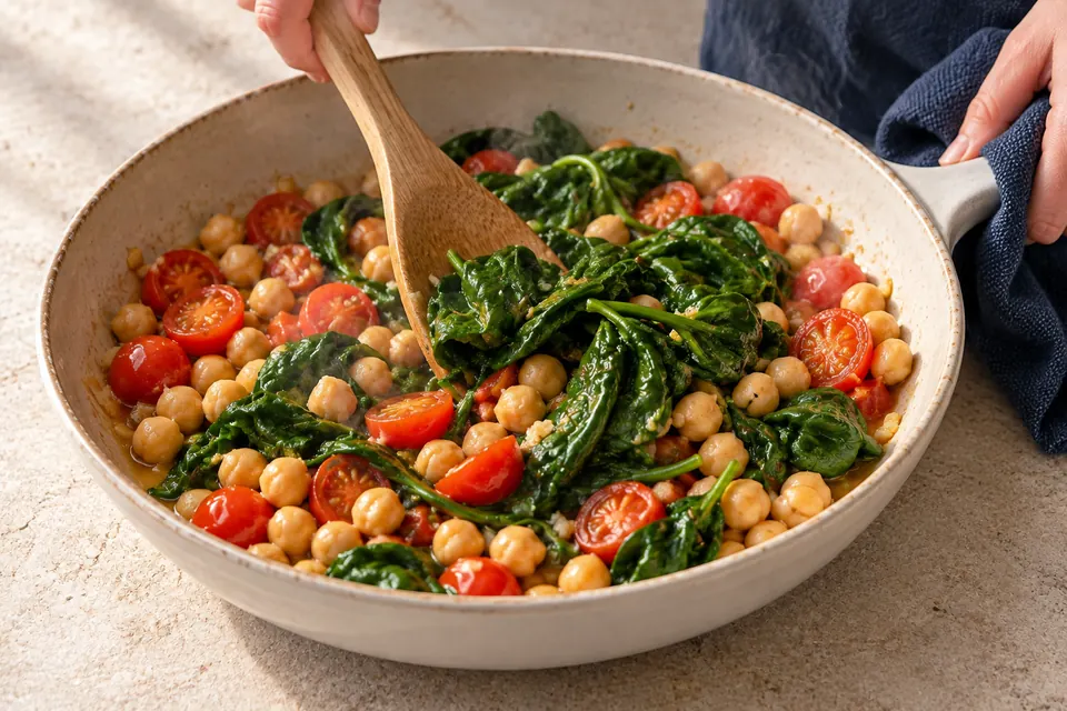 Kichererbsen-Spinat-Pfanne mit Feta: Spinat unterheben (KI-Illustration)