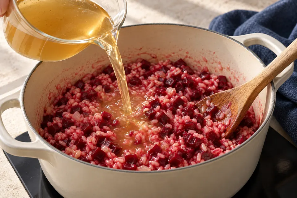 Rote-Bete-Risotto mit Ziegenkäse: Brühe nachgießen (KI-Illustration)