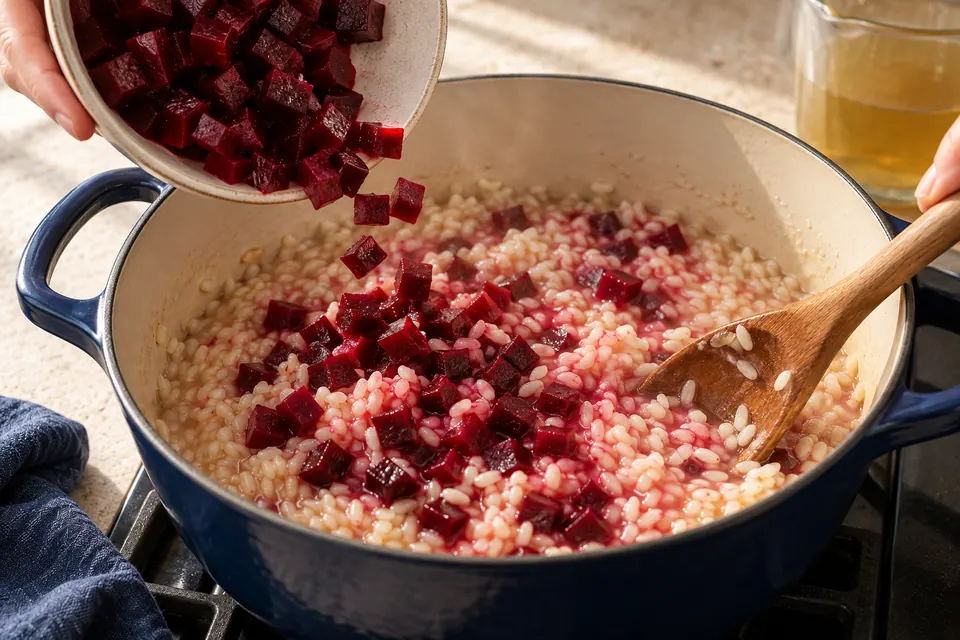 Rote-Bete-Risotto mit Ziegenkäse: Farbe einarbeiten (KI-Illustration)