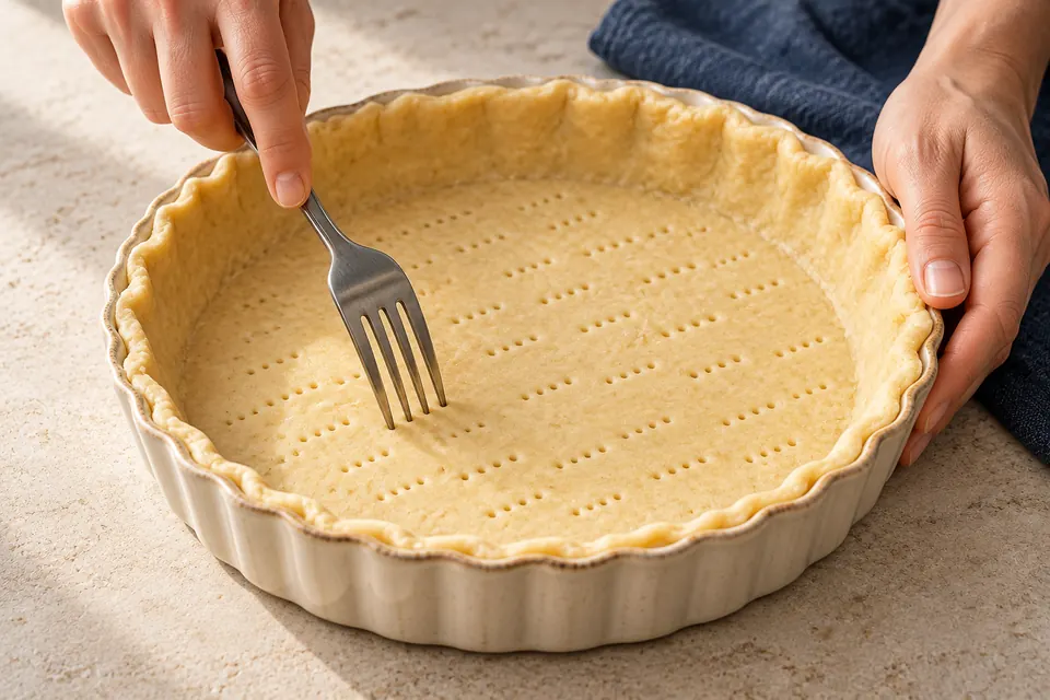 Lauch-Quiche ohne Speck: Boden einstechen (KI-Illustration)