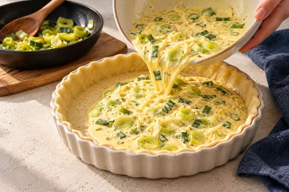 Lauch-Quiche ohne Speck: Guss einfüllen (KI-Illustration)