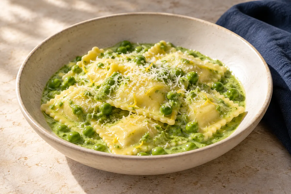 Ravioli mit Zitronen-Erbsen-Sauce