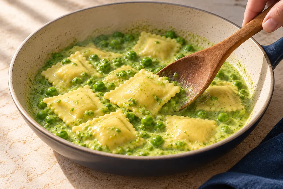 Ravioli mit Zitronen-Erbsen-Sauce: Teigtaschen vorsichtig wenden (KI-Illustration)