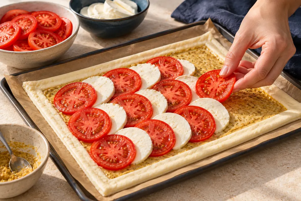 Tomaten-Mozzarella-Tarte: dünn belegen (KI-Illustration)