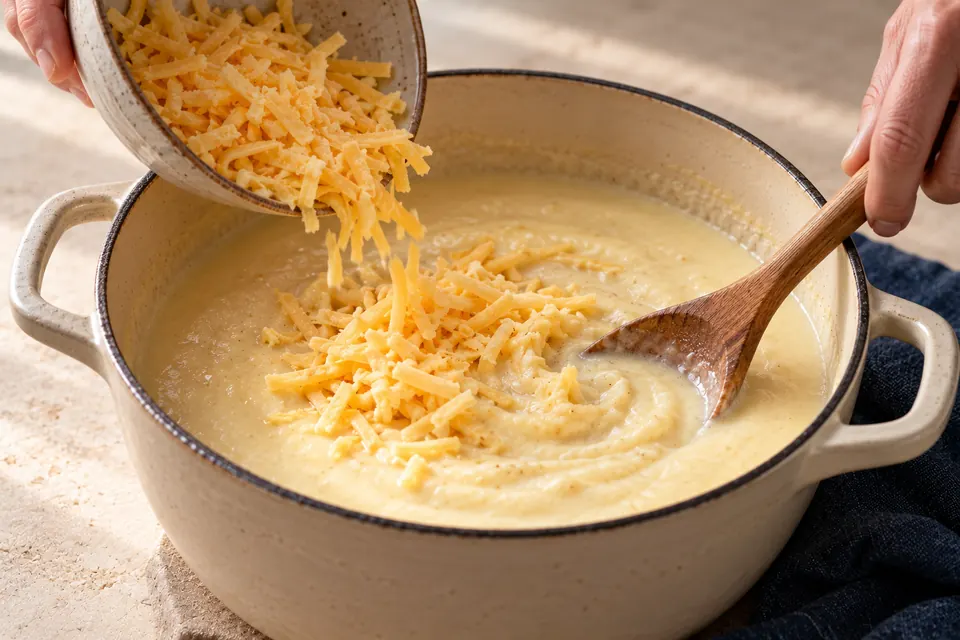 Blumenkohl-Käse-Suppe: Käse einrühren (KI-Illustration)