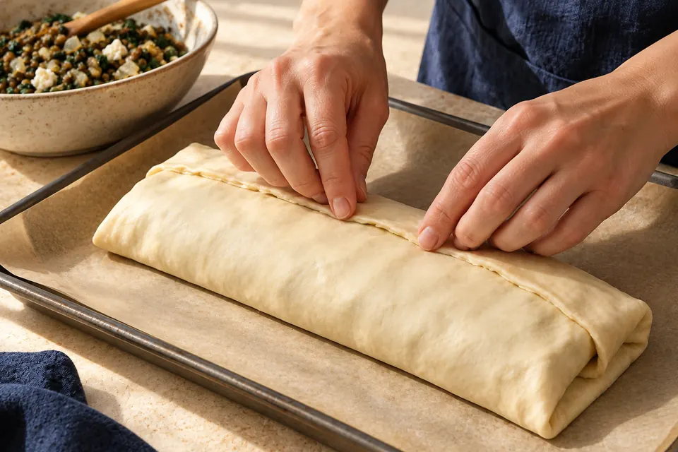 Linsen-Spinat-Strudel: Naht verschließen (KI-Illustration)