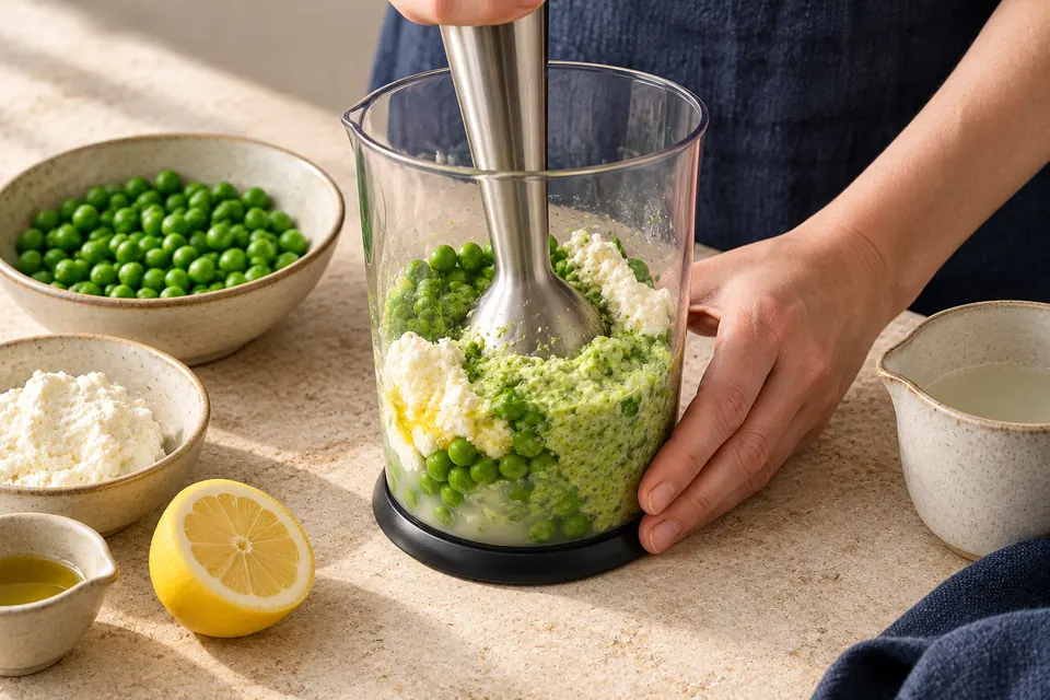 Erbsen-Minz-Pasta: Erbsen mixen (KI-Illustration)