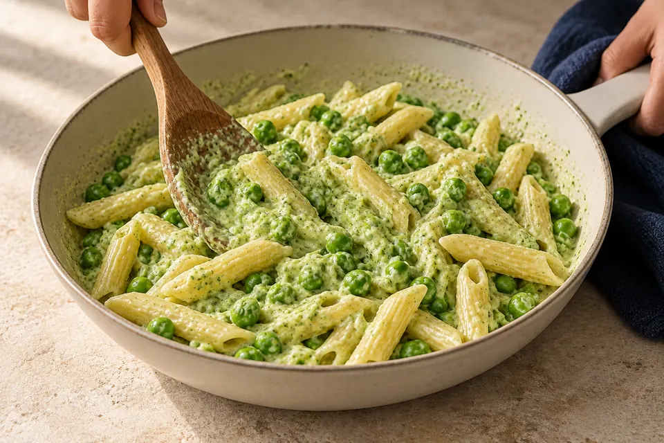 Erbsen-Minz-Pasta: Sauce verbinden (KI-Illustration)