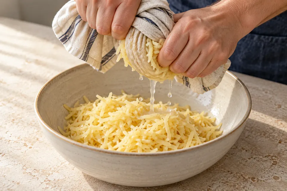 Kartoffelrösti mit Kräuterdip: Wasser ausdrücken (KI-Illustration)