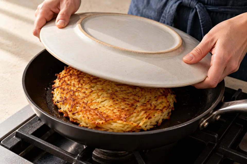 Kartoffelrösti mit Kräuterdip: Rösti mit Teller wenden (KI-Illustration)