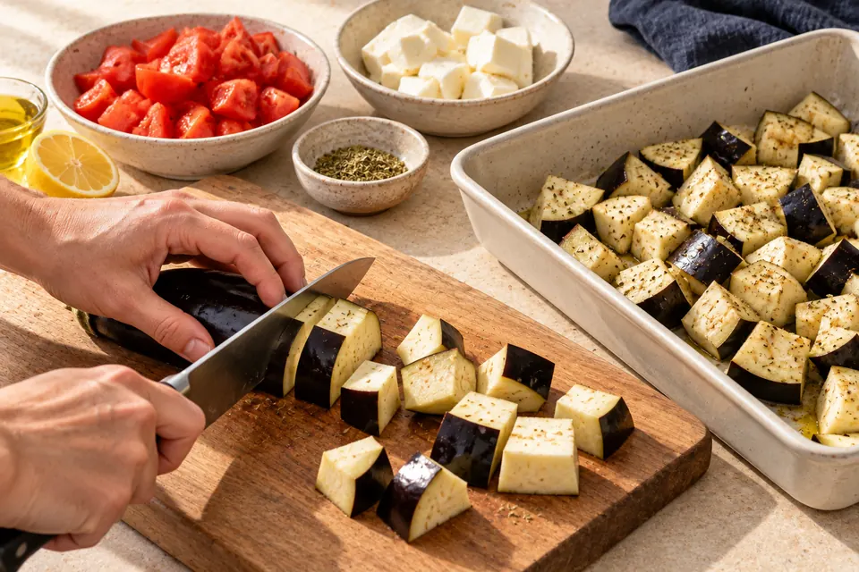 Ofenaubergine mit Halloumi: Würfelgröße (KI-Illustration)