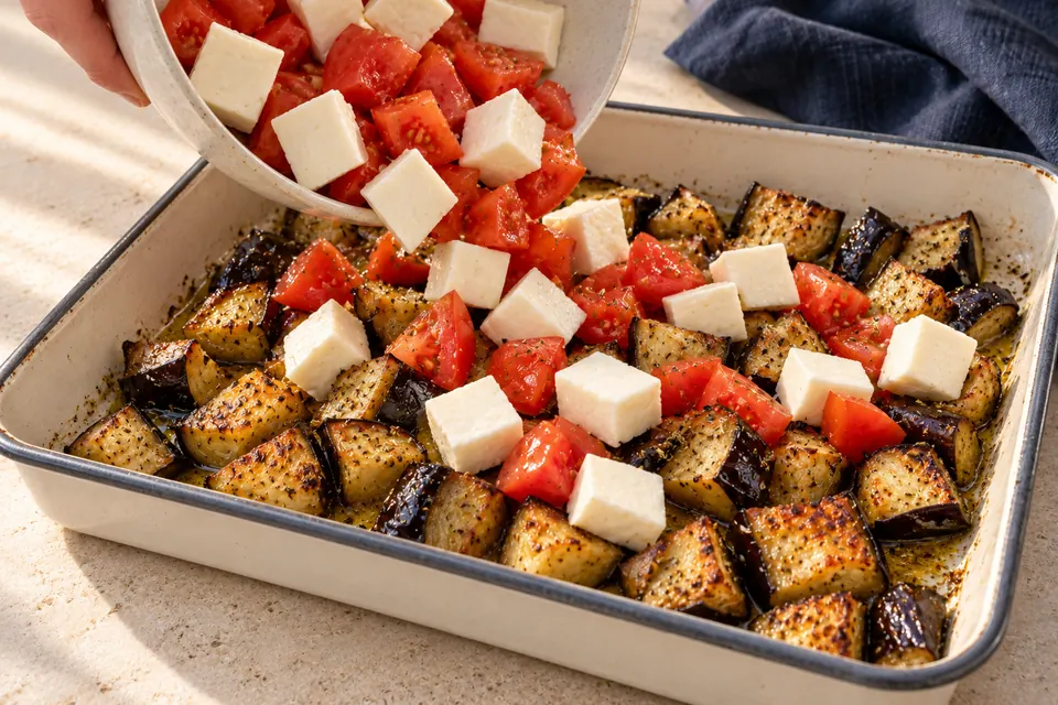 Ofenaubergine mit Halloumi: Käse später zugeben (KI-Illustration)
