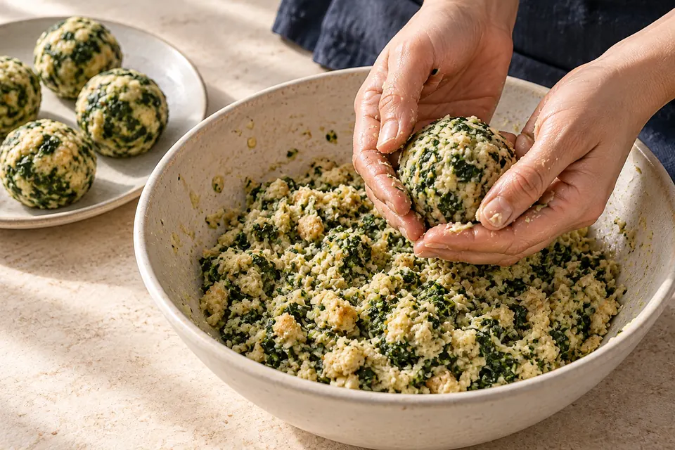 Spinat-Käse-Knödel: formbare Masse (KI-Illustration)