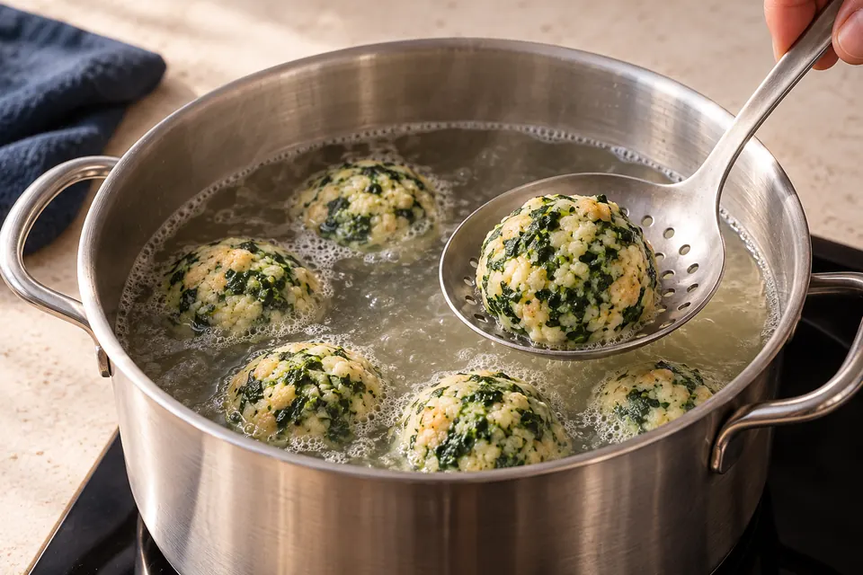 Spinat-Käse-Knödel: sanftes Garwasser (KI-Illustration)