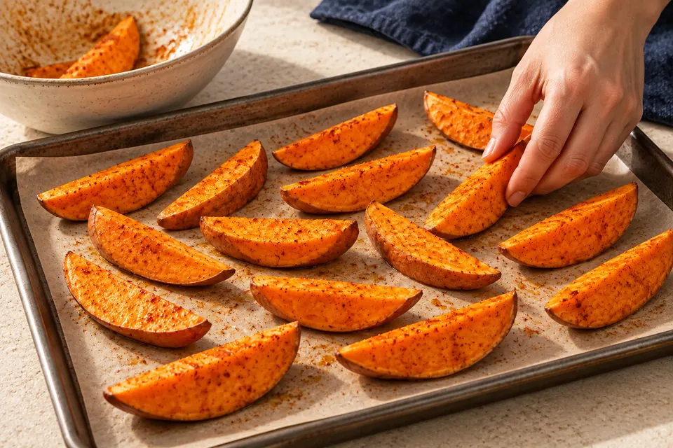 Überbackene Süßkartoffelspalten: Abstände auf Blech (KI-Illustration)