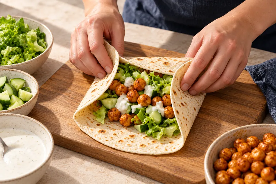 Knuspriger Kichererbsen-Wrap: Wickeltechnik (KI-Illustration)