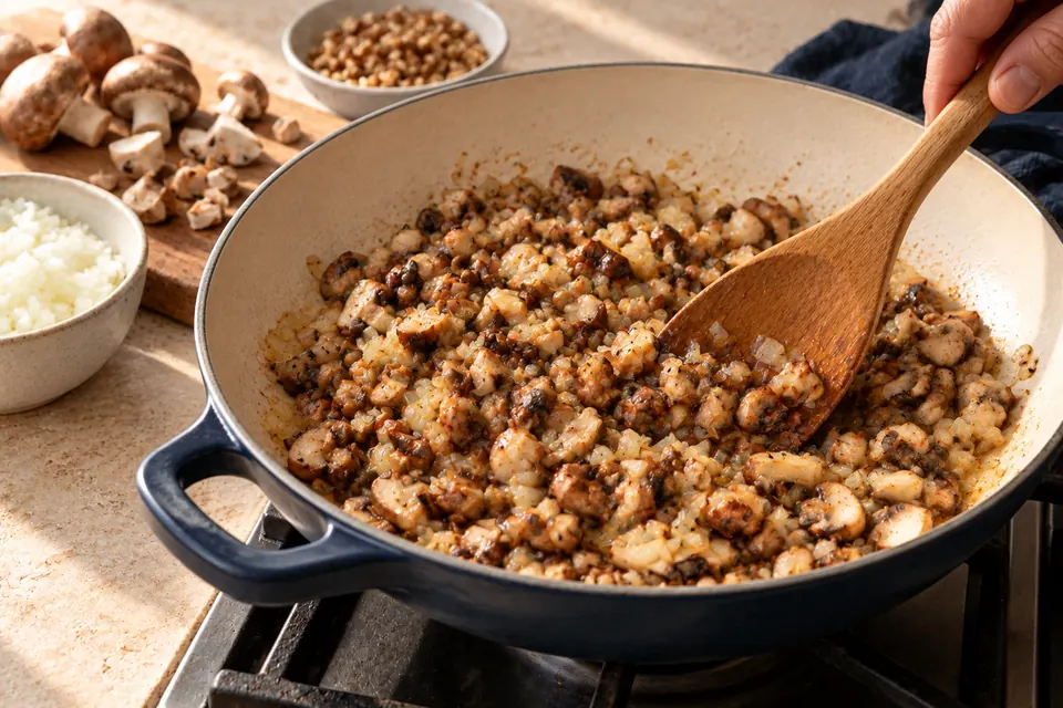 Pilz-Walnuss-Bolognese: Pilze bräunen (KI-Illustration)