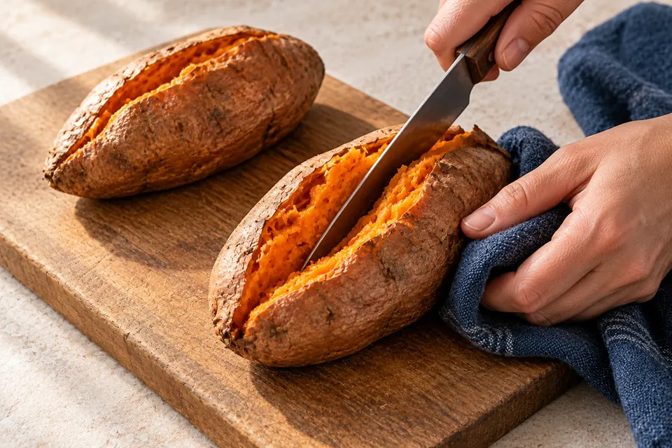 Süßkartoffel mit Bohnenfüllung: Kartoffeln öffnen (KI-Illustration)