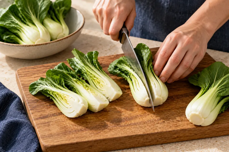 Sesam-Tofu mit Pak Choi: Vierteln (KI-Illustration)