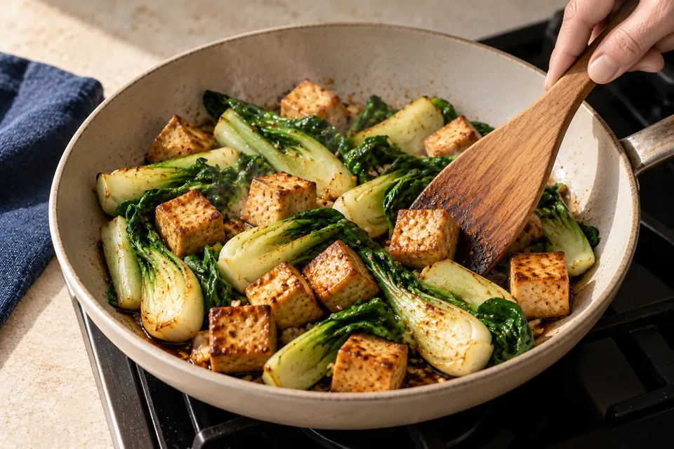 Sesam-Tofu mit Pak Choi: Tofuröstung (KI-Illustration)