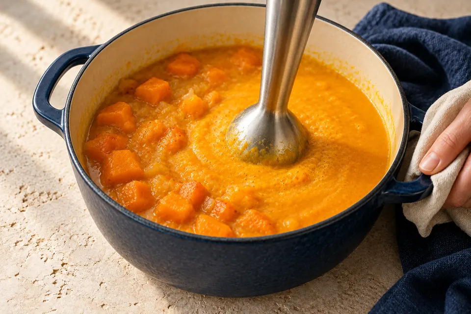Kürbis-Kokos-Suppe: Pürieren (KI-Illustration)