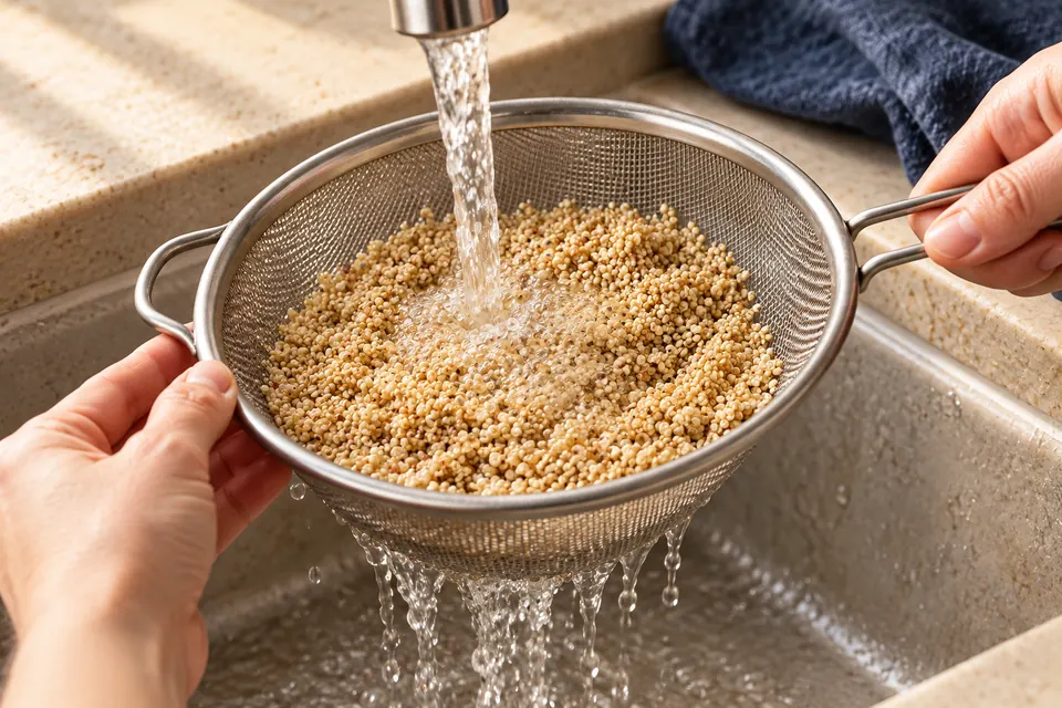 Quinoa mit Roter Bete und Orange: Quinoa spülen (KI-Illustration)
