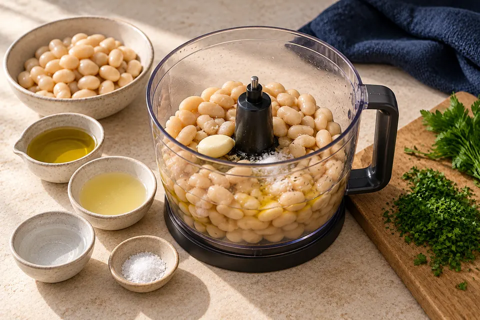 Weiße-Bohnen-Dip mit Kräutern: Mixzutaten (KI-Illustration)