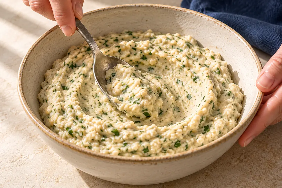 Weiße-Bohnen-Dip mit Kräutern: cremige Löffelspur (KI-Illustration)