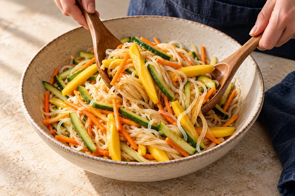 Reisnudelsalat mit Mango: Dressing untermischen (KI-Illustration)