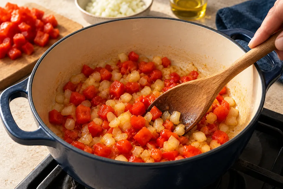 Chili sin Carne: Gemüse anrösten (KI-Illustration)