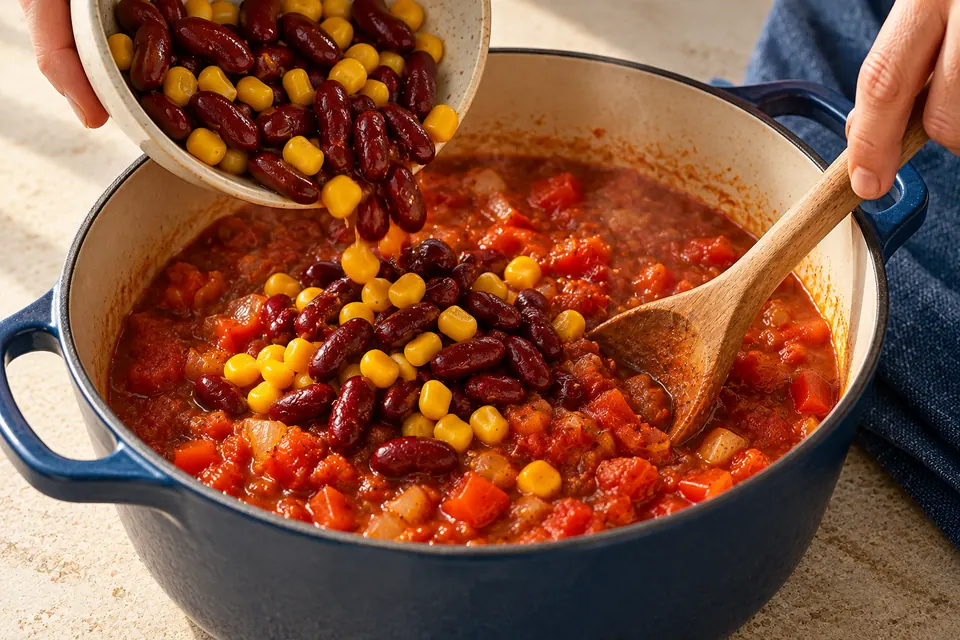 Chili sin Carne: Bohnen einrühren (KI-Illustration)