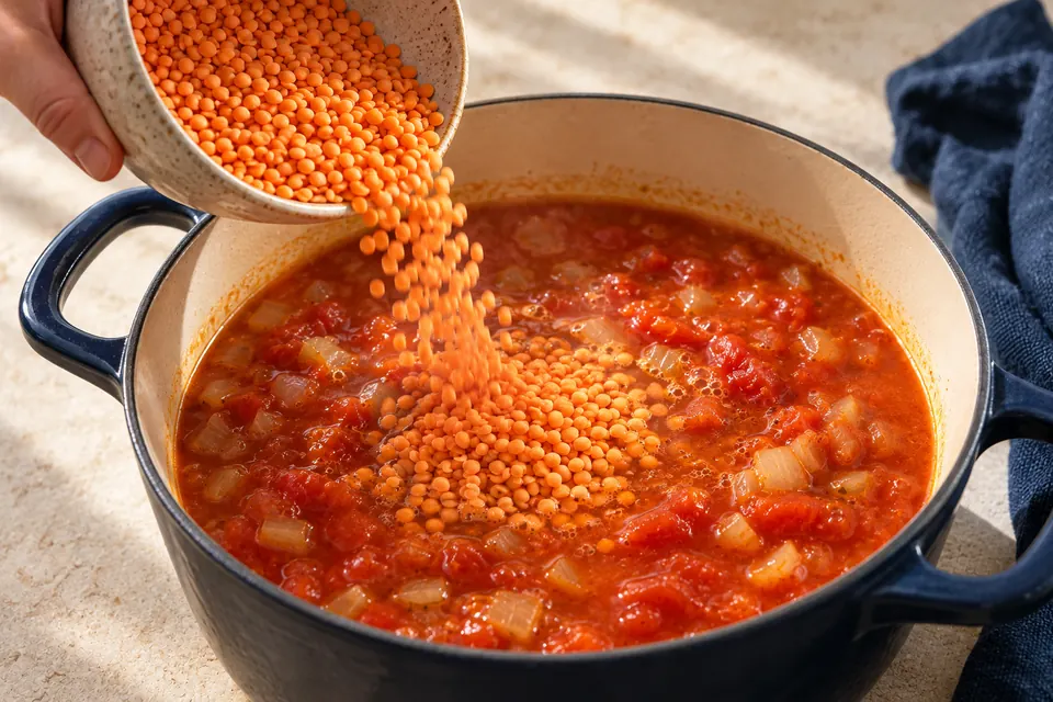 Tomaten-Linsen-Suppe: Linsen zugeben (KI-Illustration)