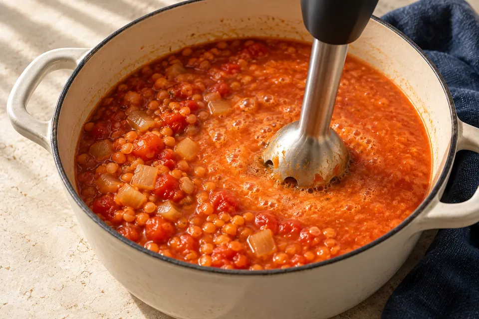 Tomaten-Linsen-Suppe: Teilpürieren (KI-Illustration)