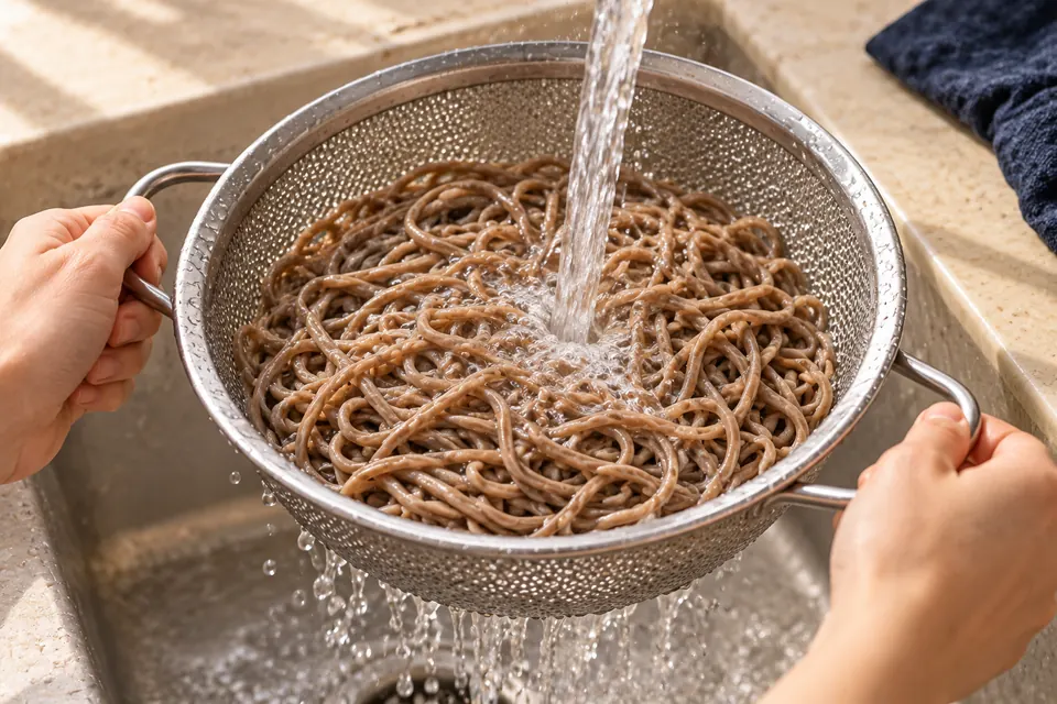 Soba mit Edamame: Soba spülen (KI-Illustration)