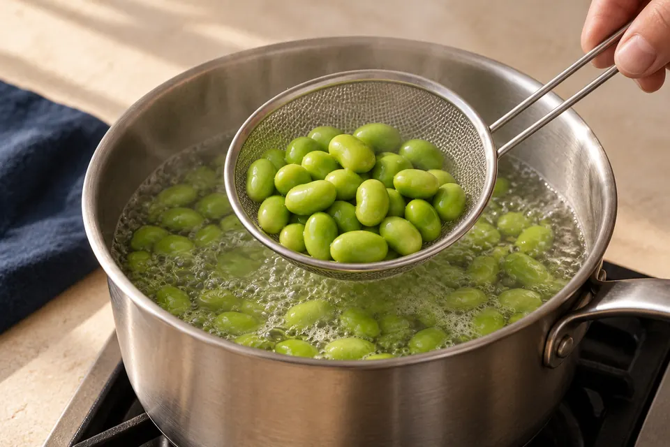 Soba mit Edamame: Edamame garen (KI-Illustration)