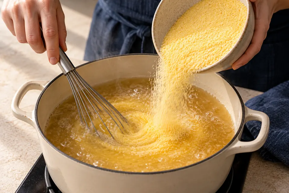 Pilzragout mit Polenta: Polenta einrieseln (KI-Illustration)