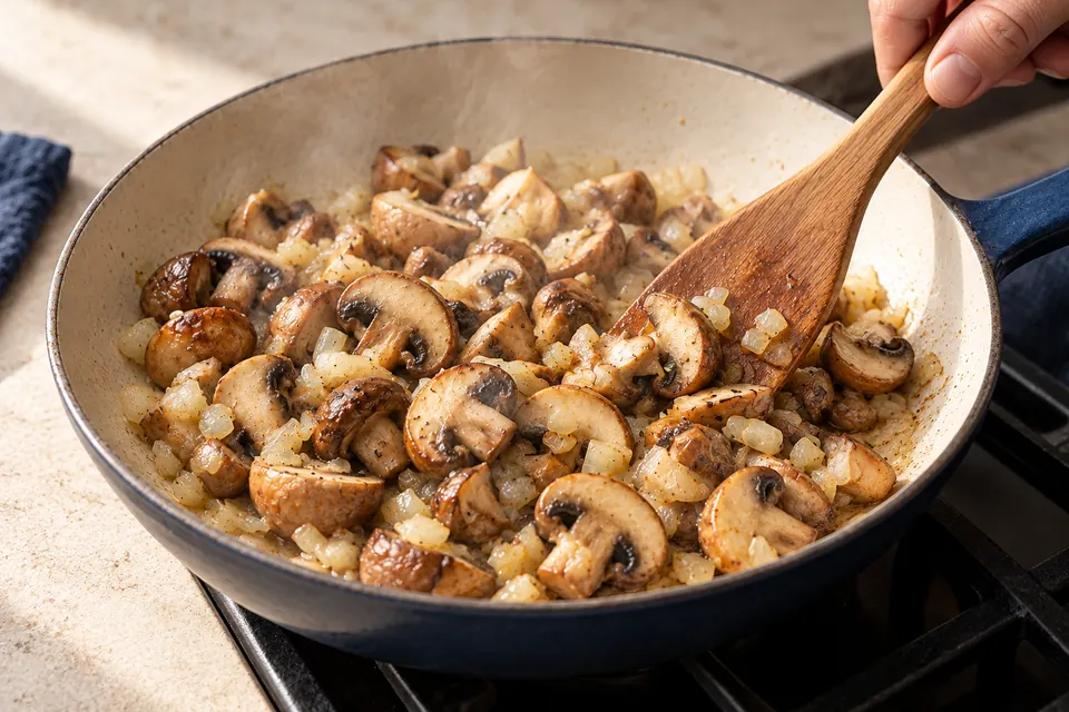 Pilzragout mit Polenta: Pilze rösten (KI-Illustration)