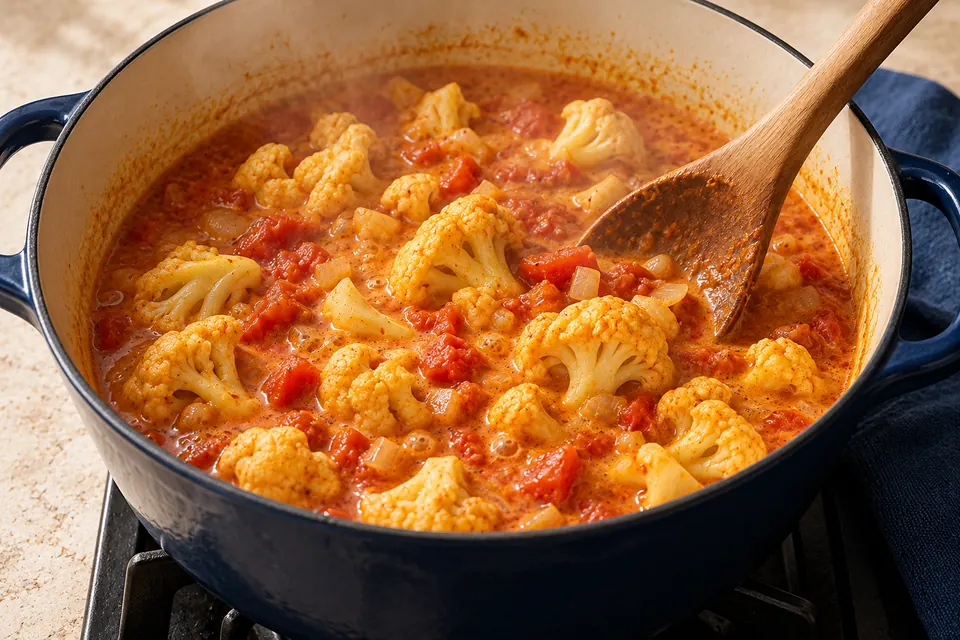 Blumenkohl-Kichererbsen-Curry: fertige Sauce (KI-Illustration)