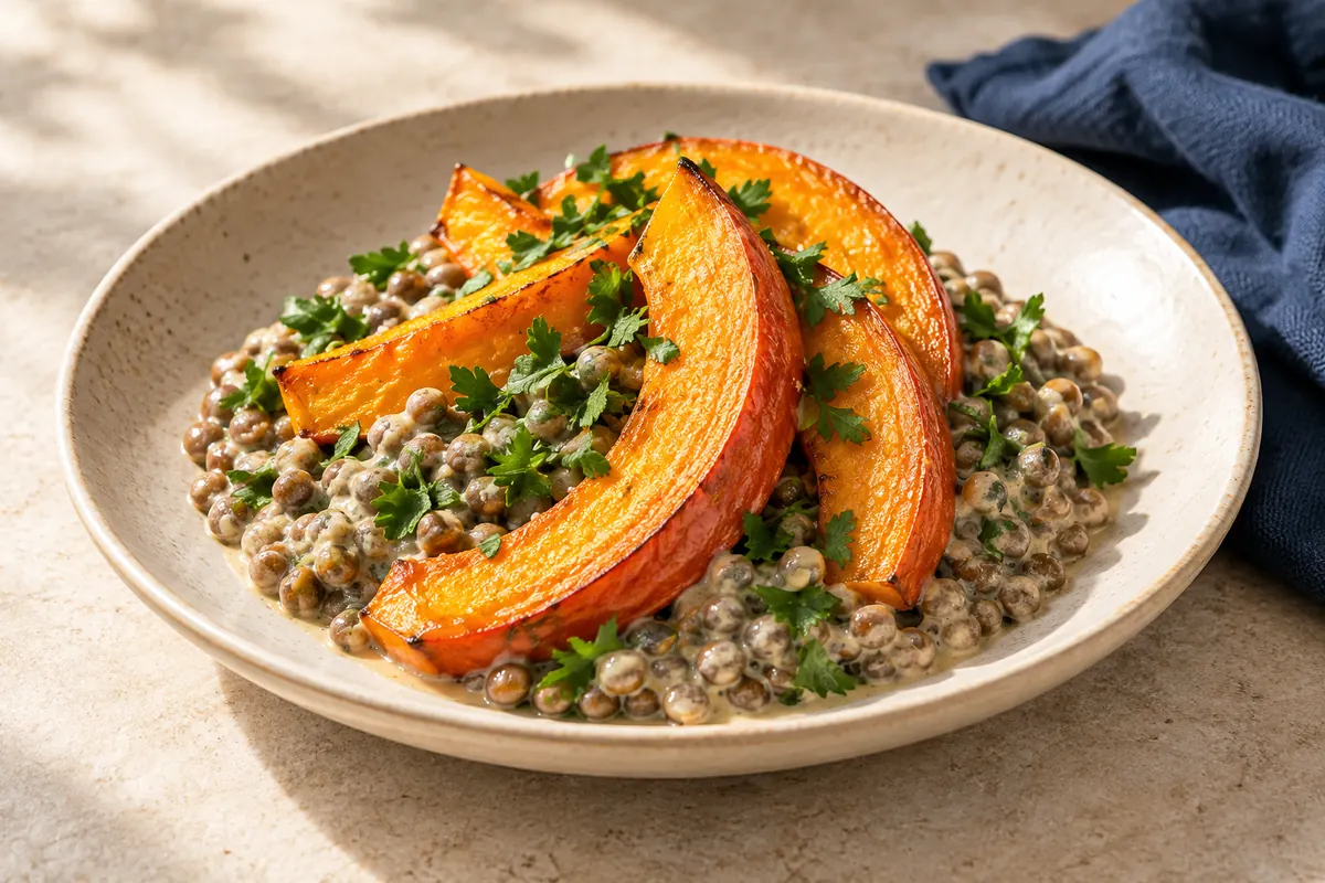 Gebackener Kürbis mit Tahinlinsen